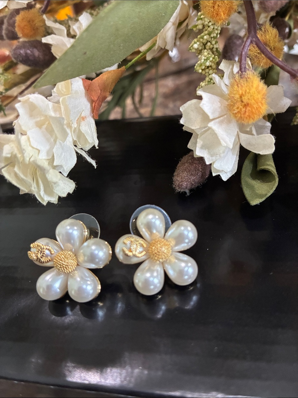 CHANEL Pearl Petal Flower Stud Earrings in White and Gold